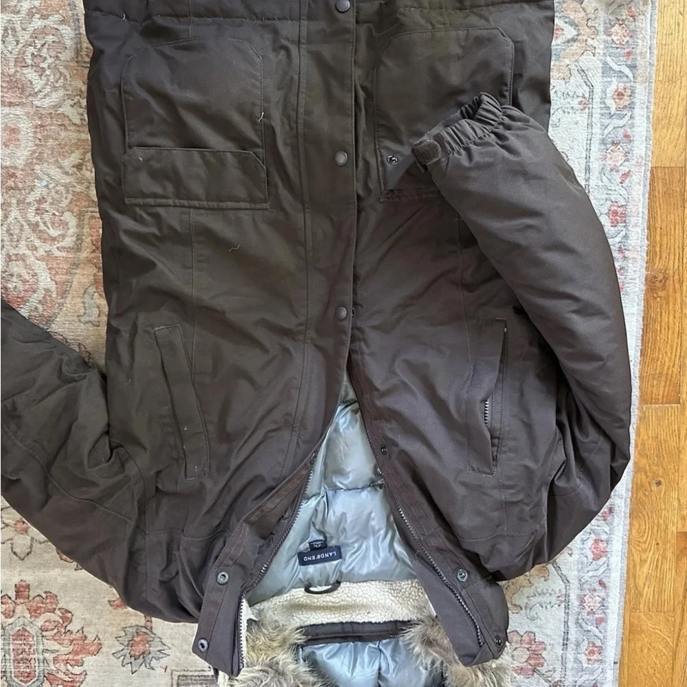 Lands' End Brown Jacket boys with Fur hood. Parka